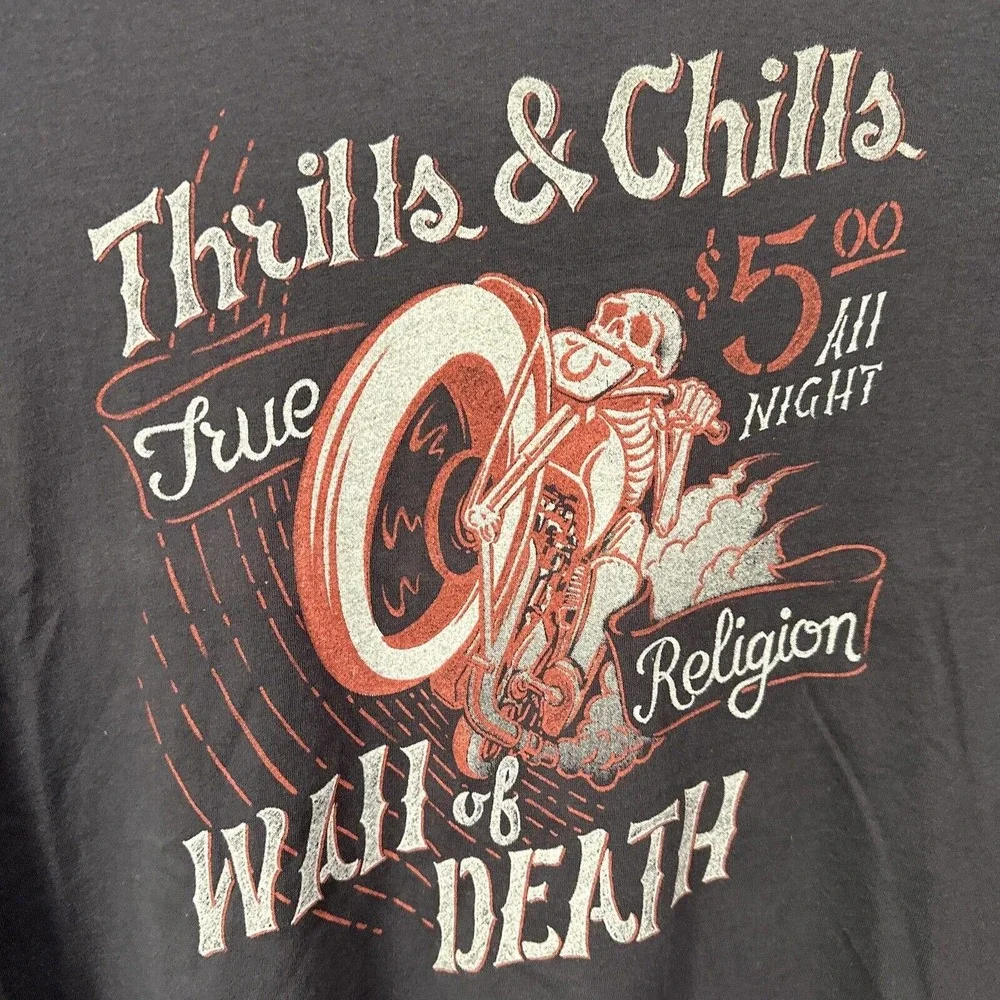 True Religion Graphic Tee Mens XL Gray Thrills Chills Moto Logo Cotton Crew Neck